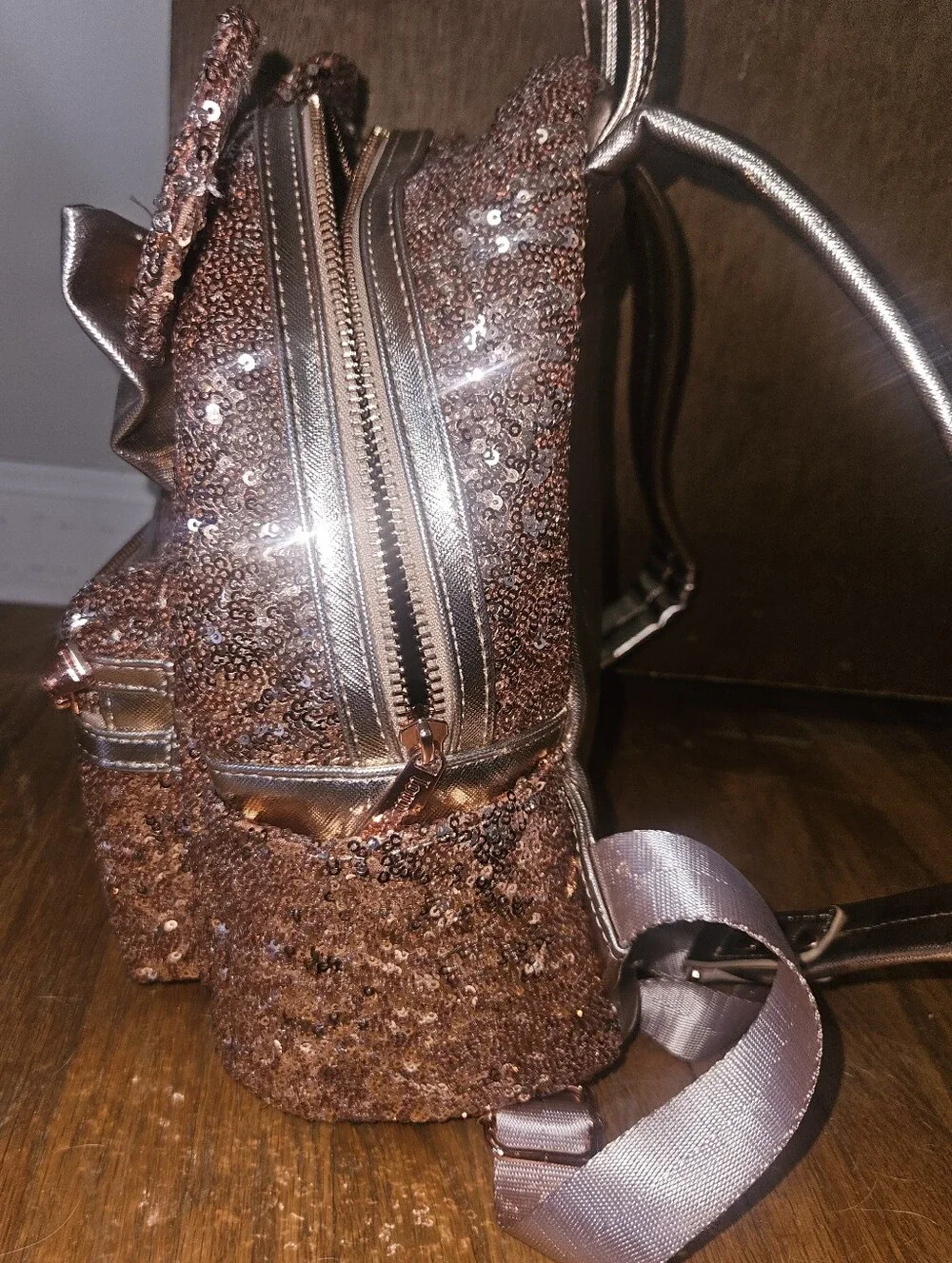 Loungefly Disney Parks Rose Gold Sequin Minnie Ear Mini Backpack